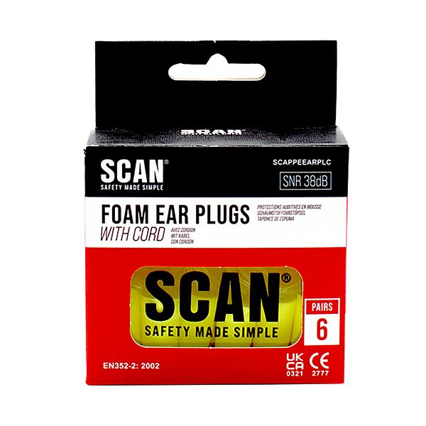 Scan Tapered Foam Earplugs With Cord (6 pairs) SNR38 - Image 3